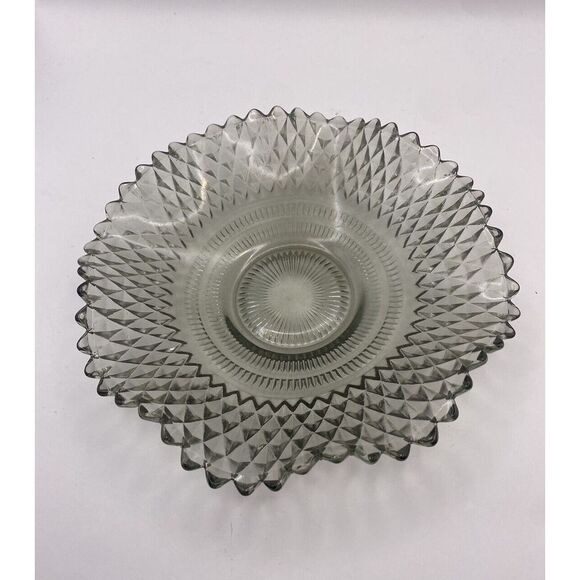 Indiana Glass Clear/Gray Diamond Point Cut Glass Round Candy Dish Ruffled Edge‎ - Picture 3 of 5